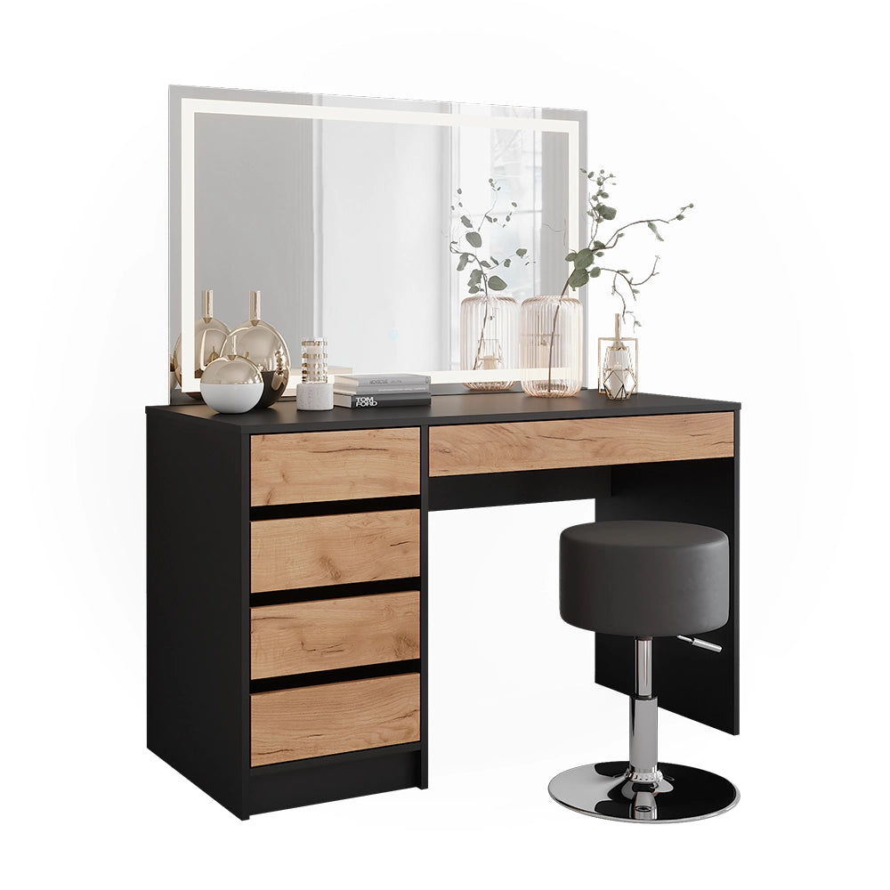 Vicco Tavolo da toilette Antracite/quercia dorata 120 x 75 cm con specchio LED e sgabello