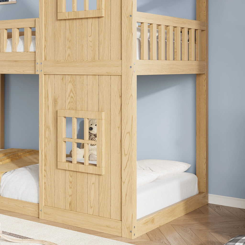 Letto a castello a casetta 90x200 cm con 2 finestre; scala a 3 gradini e parapetto integrale; pino e MDF; naturale