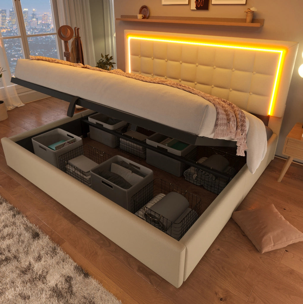 Letto contenitore 160x200 cm in PU bianco con rete a doghe e LED