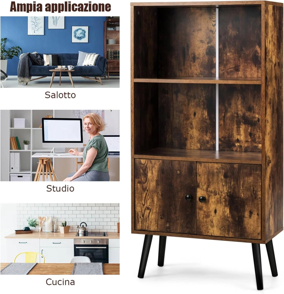 Libreria in Stile Retrò, Scaffale Portaoggetti a 2 Ripiani con Armadio, per Salotto Studio Ufficio, Marrone Vintage, 120x60x30 cm