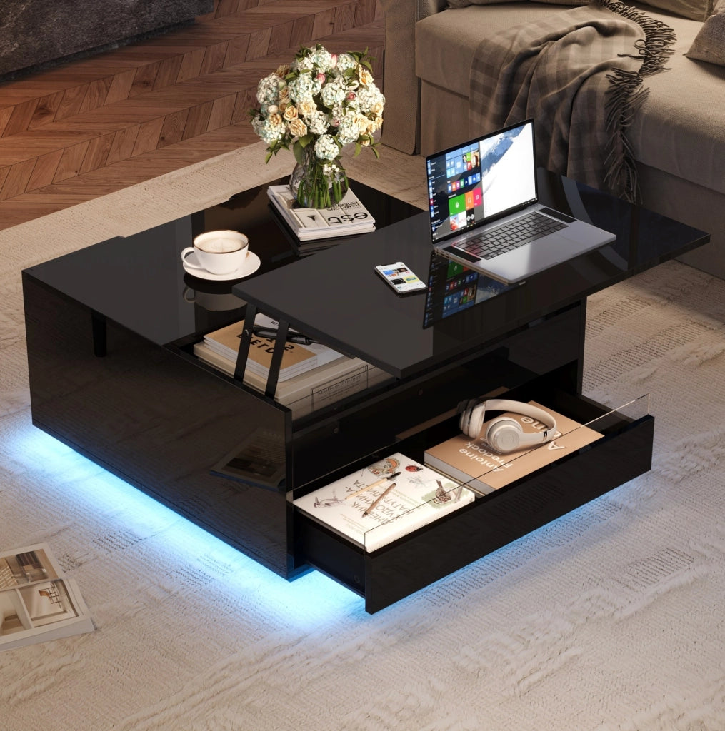 Tavolino da salotto quadrato 70 x 70 x 38 cm con piano ribaltabile; LED; nero lucido