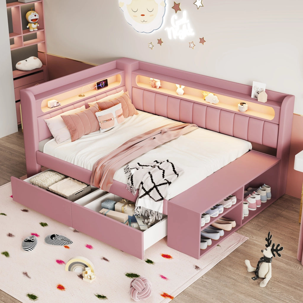 Letto a Divanetto 90x200 cm con USB; LED; 2 Cassetti e Scarpiera; Imbottito - Rosa