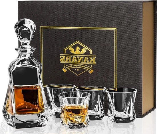 Set di Decanter di Cristallo per Whisky - Set di Bicchieri e Caraffa da 650 ml - 4x210 ml Bicchieri da Whisky - Cocktail Martini Scotch - Cognac Whisky Wodka - Bella Scatola Regalo - 5 Pezzi