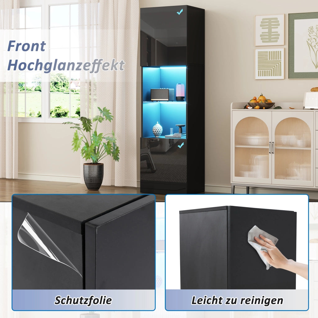Vetrina con LED e 2 ante con ripiano in vetro temperato per soggiorno o ufficio in truciolato nero 45 × 35 × 160 cm