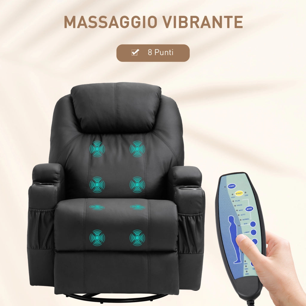 Poltrona Reclinabile Massaggiante Girevole con Dondolo ¨C zephmum ¨C Pelle PU, Nero