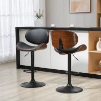 Set 2 Sgabelli da Bar con Schienale Regolabili in Altezza, Legno e Finta Pelle, 53x52x92-112 cm, Nero