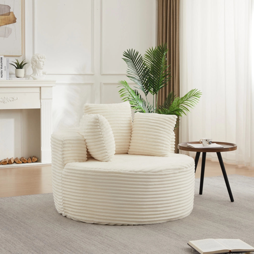 Poltrona lounge rotonda beige in velluto a coste con 3 cuscini