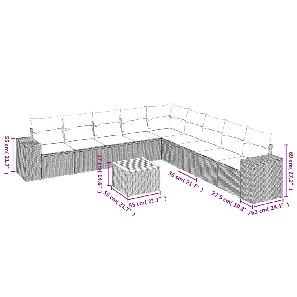 Set Divano da Giardino 10 pz con Cuscini Beige in Polyrattan 3257822