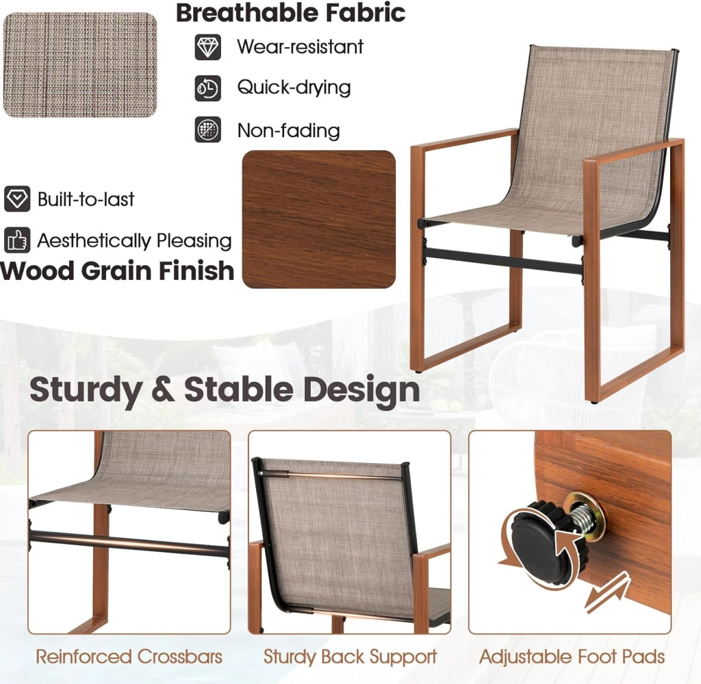 Set di 2 Sedie da Giardino Ergonomico in Tessuto e Metallo, Sedie da Pranzo da Esterno con Schienale Inclinato e Braccioli, Sedia da Patio, Terrazza, Balcone, Portata 150kg (Marrone)