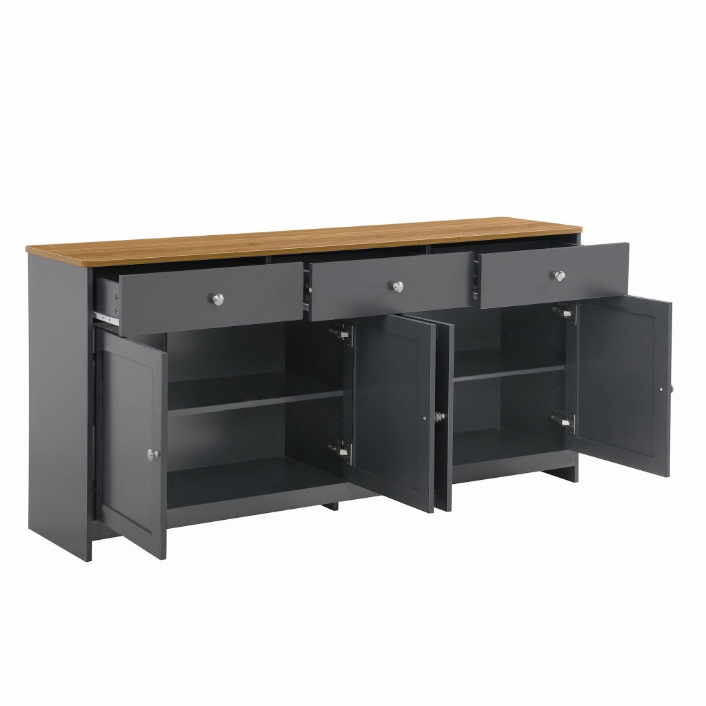 Credenza in MDF con 3 cassetti, 4 ante e ripiani regolabili, stile country, legno e grigio nero 160 × 37 × 75 cm