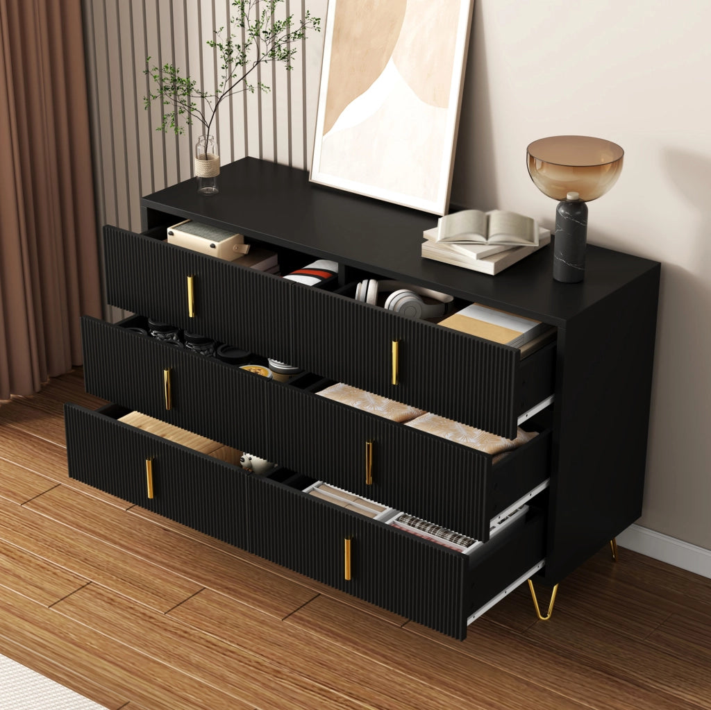 Sideboard 120x77x40 cm con 6 cassetti; design moderno; in truciolare nero e oro