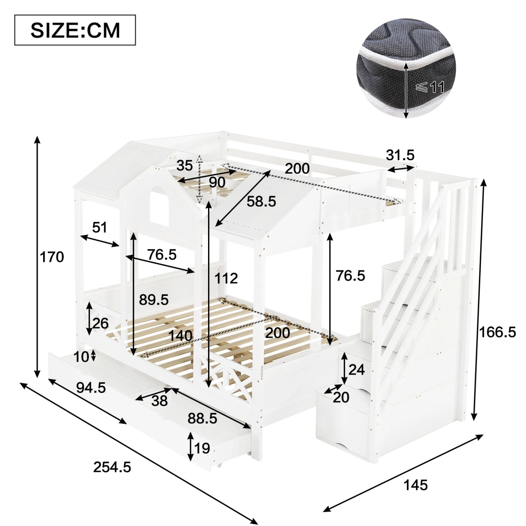 Letto a castello per bambini con 2 cassetti su ruote, scala con 4 vani, finestre e tetto, bianco, 90x200 cm e 140x200 cm