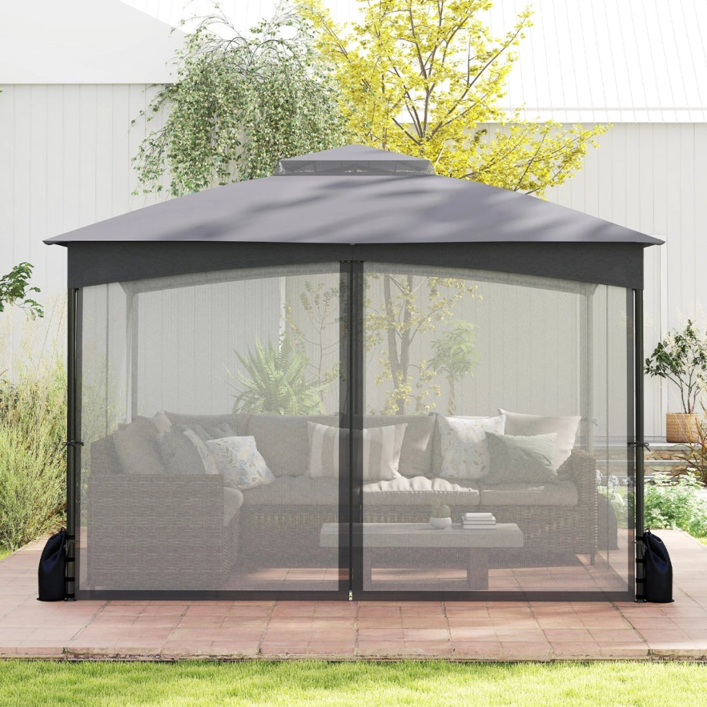 Gazebo da patio tetto morbido a doppia copertura con 4 sacchetti di sabbia, Gazebo da patio 3 x 3,6 m per prato giardino all'aperto Grigio-Gazebo