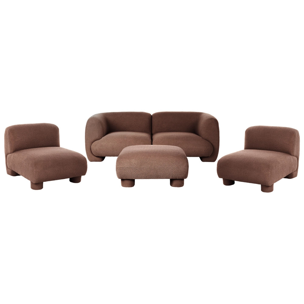 Set da salotto 4 posti con pouf, modulare dal profilo ribassato in stile organico e curvo marrone