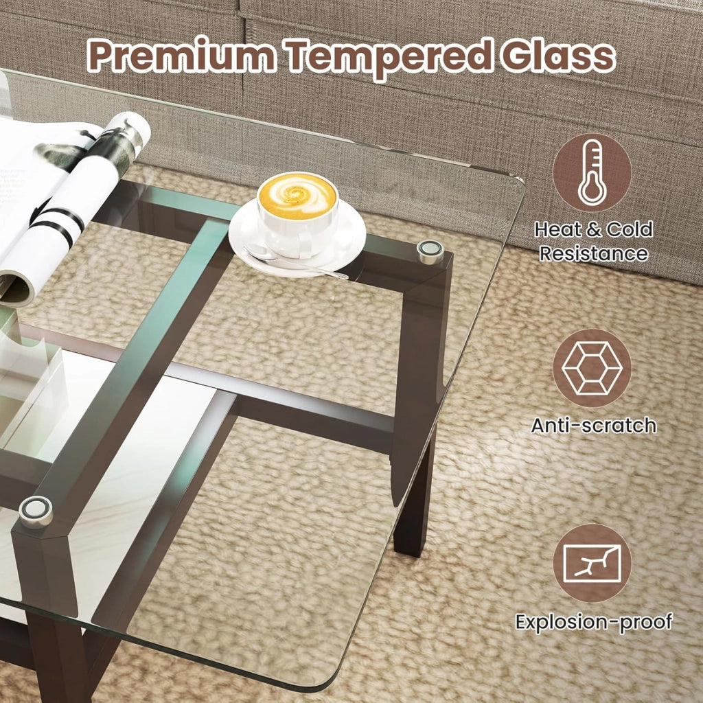 Tavolino da caffè in vetro, moderno rettangolare per soggiorno, tavolino da tè a 2 livelli, tavolino lungo con gambe in legno massiccio, tavolo in vetro per soggiorno, ufficio (107 x 60 x 42