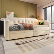 Letto 90x200 cm con USB Type-C; lampada da lettura e 2 cassetti in velluto beige
