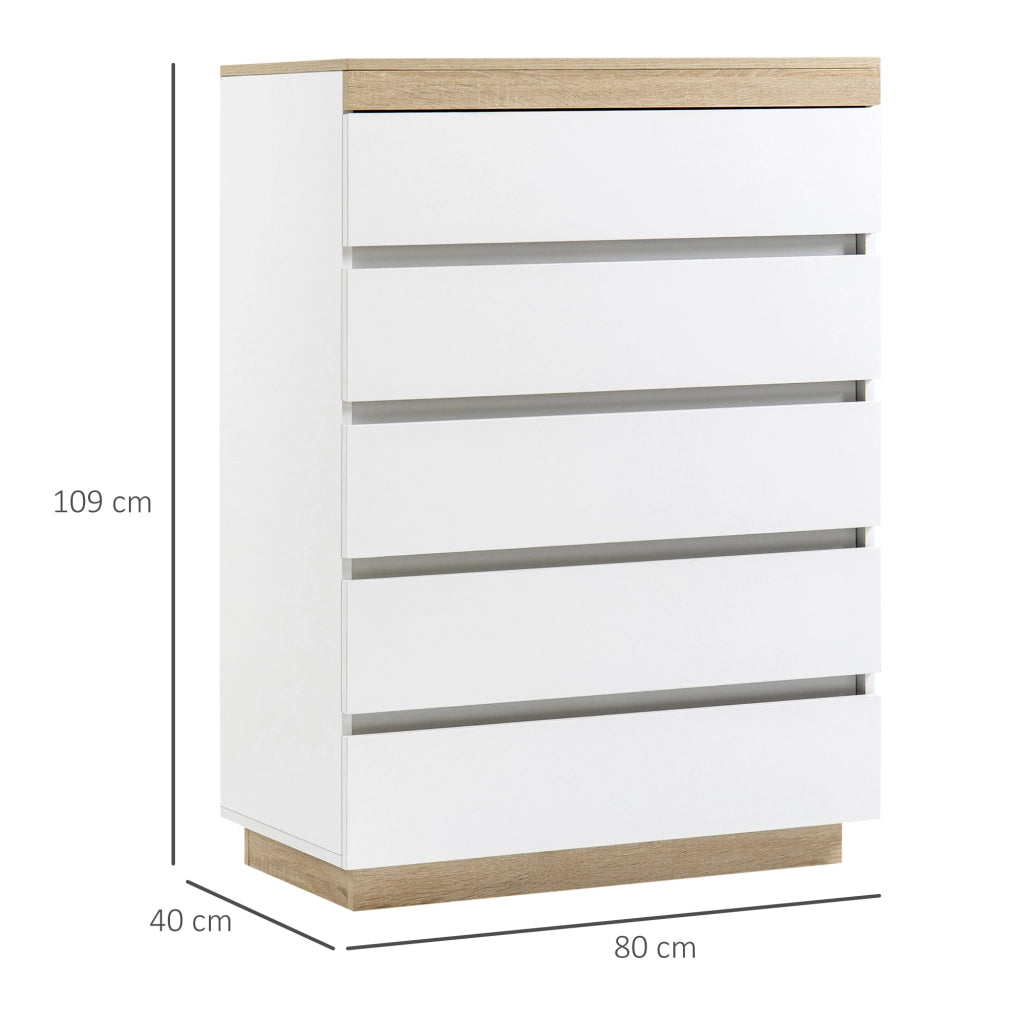 Cassettiera 5 Cassetti Minimal in Legno, 80x40x109 cm, Bianco e color Rovere