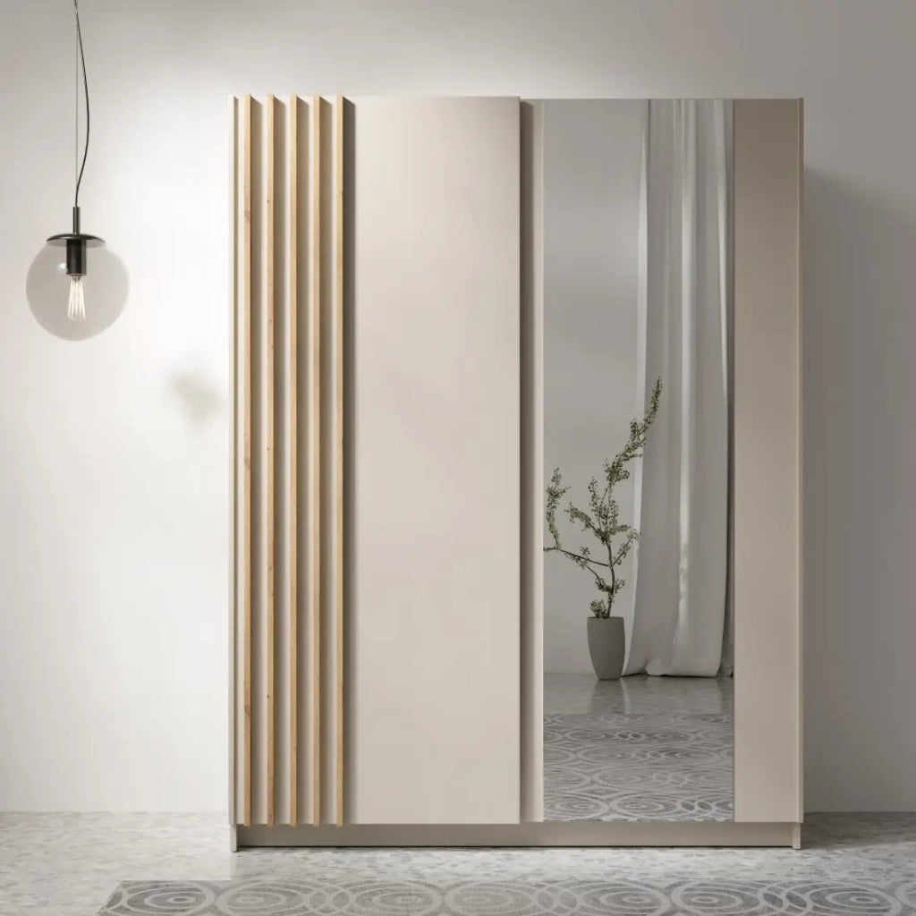 Armadio VARIA 150 cm cachemire e quercia con specchio e porte scorrevoli