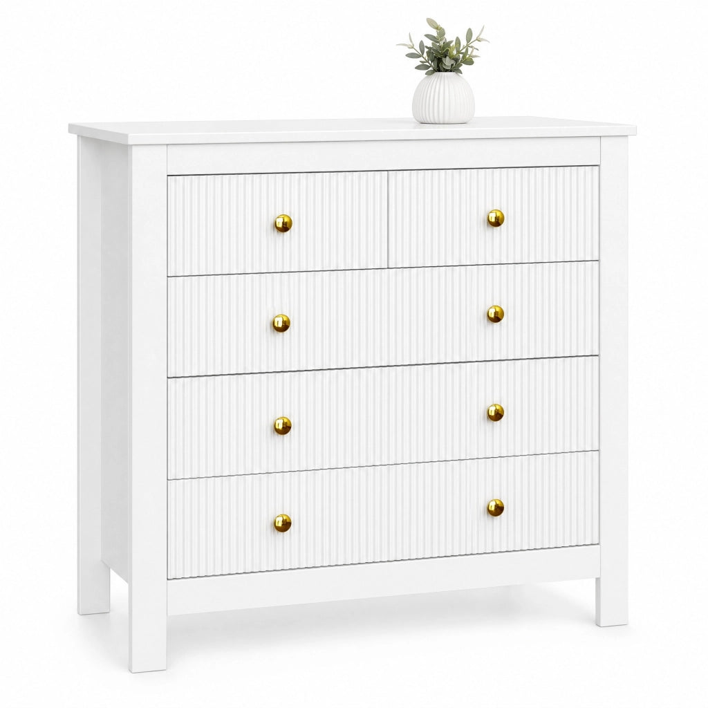 Credenza con 5 cassetti; superfici testurizzate e maniglie dorate; bianco 79 x 80;5 x 39;5 cm