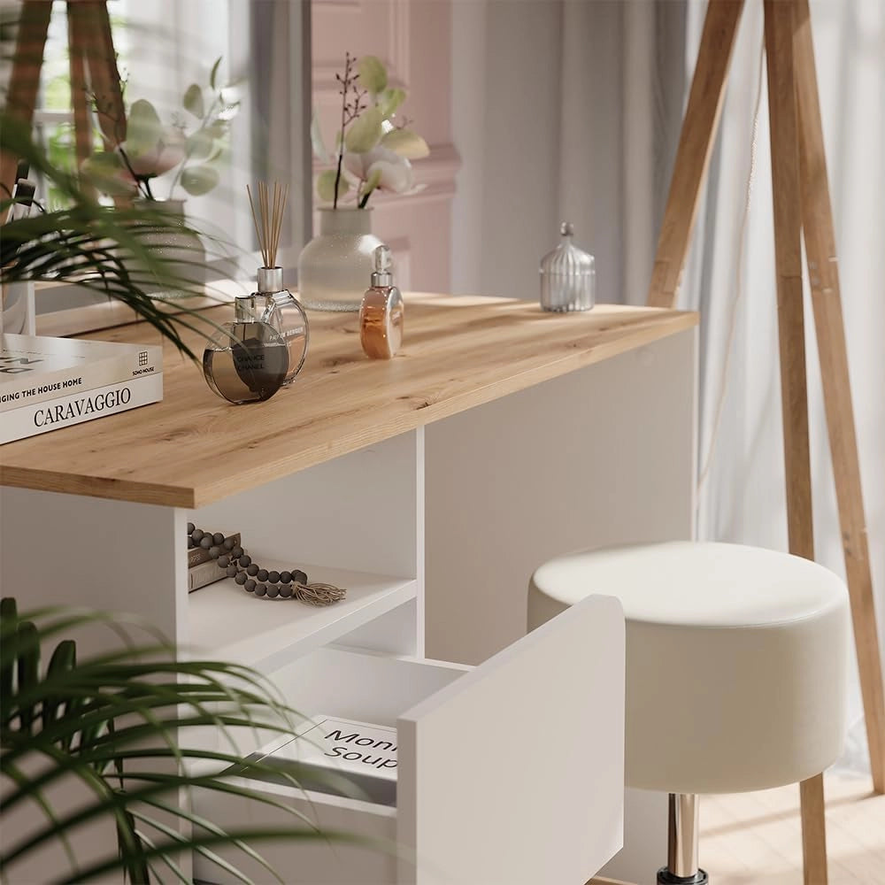 Tavolo da toeletta Karen, Bianco/Artisan, 110 cm con sgabello e specchio LED, Materiali robusti per un utilizzo duraturo
