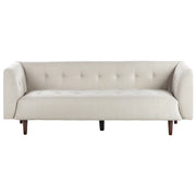 Divano a 3 posti con rivestimento in tessuto beige chiaro gambe in legno e schienale con bottoni