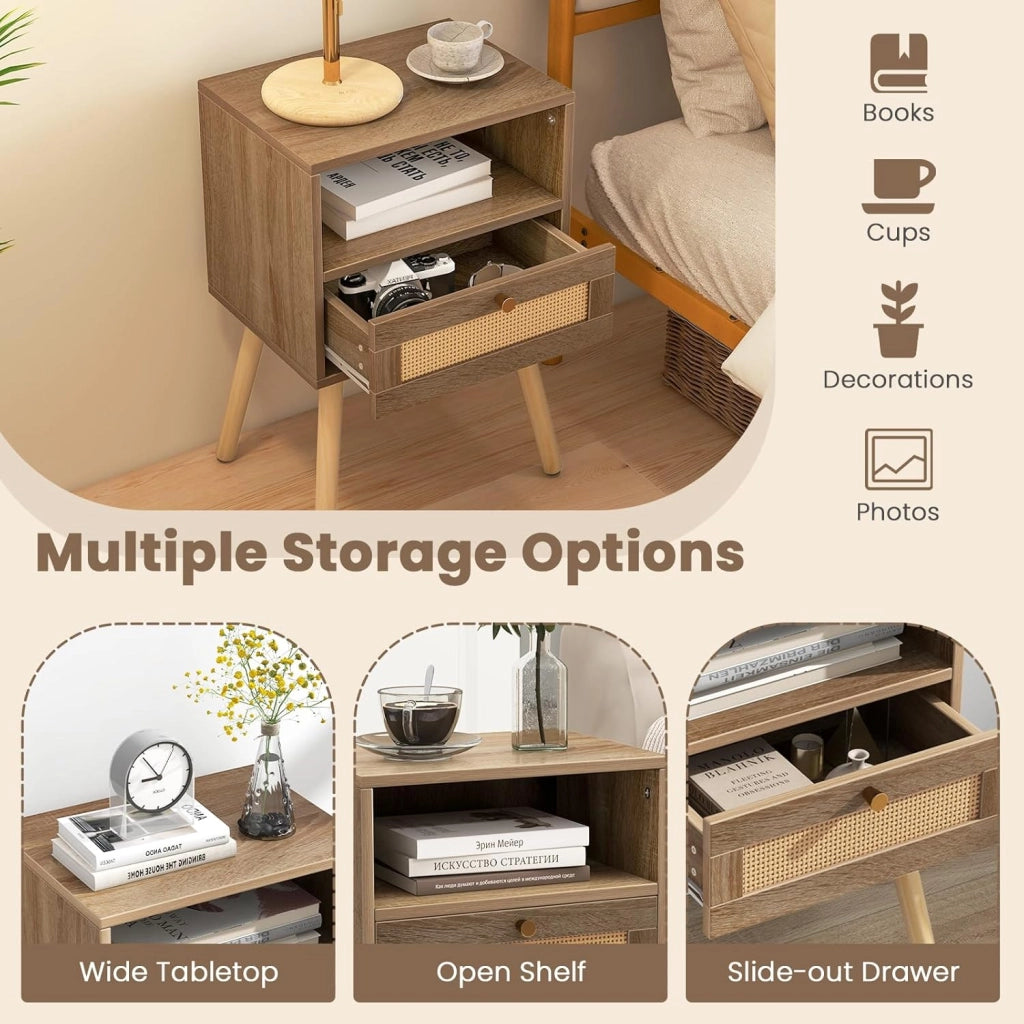 Comodino, comodino con cassetto in rattan e ripiano aperto, tavolino con gambe in legno massello, comodino in stile boho, per camera da letto, soggiorno, 40 x 30 x 60,5 cm