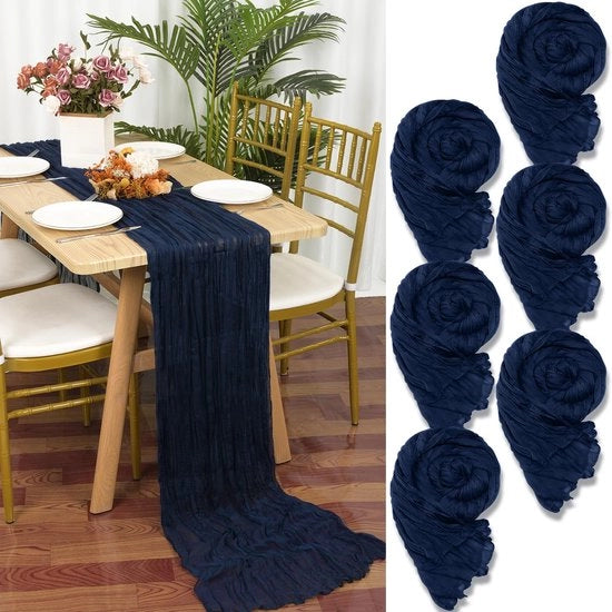 Set da tavola 6 pezzi, 90 x 300 cm, tessuto in nylon, colore blu scuro, con stoffa in nylon blu chiaro.