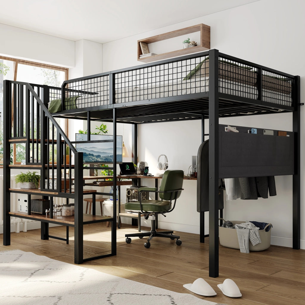 letto alto in metallo e legno nero 140 x 200 cm