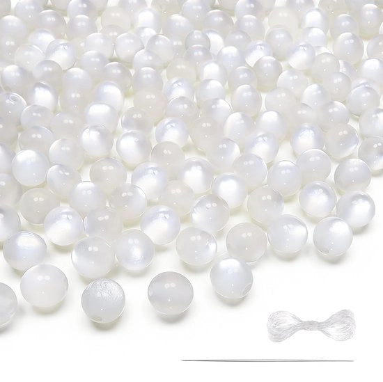 Acquario con 100 pezzi - 8 mm - Perle con forma di occhio di gatto - Creazione di gioielli - Filo elastico - Aghi per perle - Acquario lucido in plastica