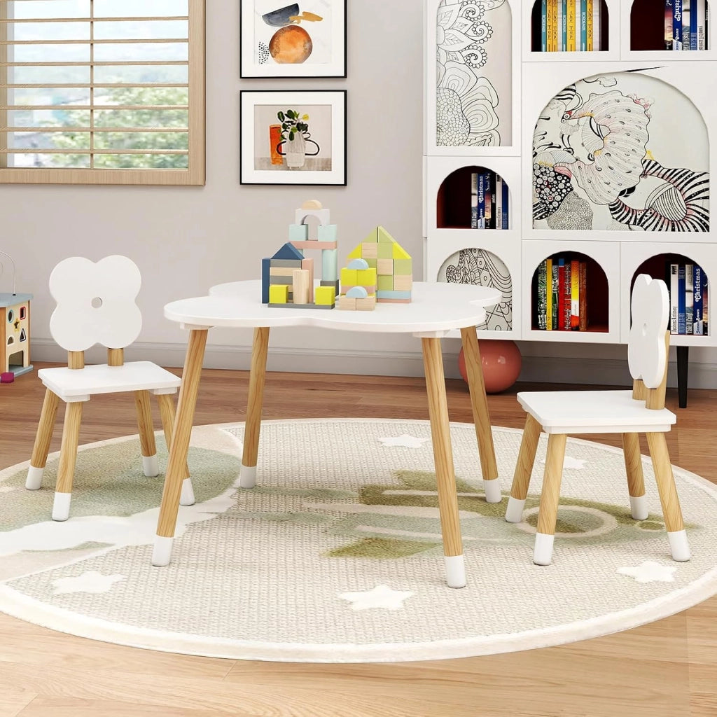 Set Tavolo per Bambini a Forma di Fiore, Tavolino e Sedia in Legno con 2 Sedie e Gambe in Legno di Pino Solido, Tavolino Bambini 3+ Anni per Disegno, Arte e Studio (Bianco)