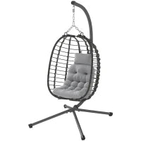 Sedia Sospesa in Rattan a Uovo con Cuscino e Poggiatesta, Altezza Regolabile e Seduta Richiudibile, Grigio