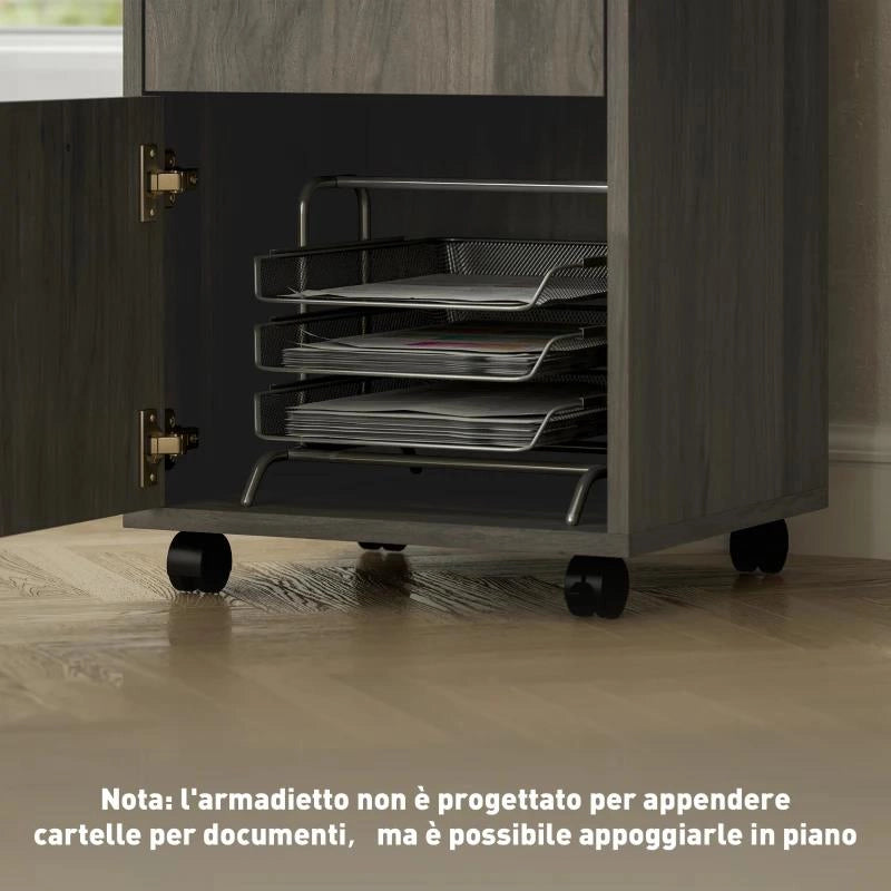 CASSETTIERA PORTADOCUMENTI A 4 RUOTE CON RIPIANO APERTO E CASSETTI, IN LEGNO E METALLO, 40X35X60 CM, GRIGIO