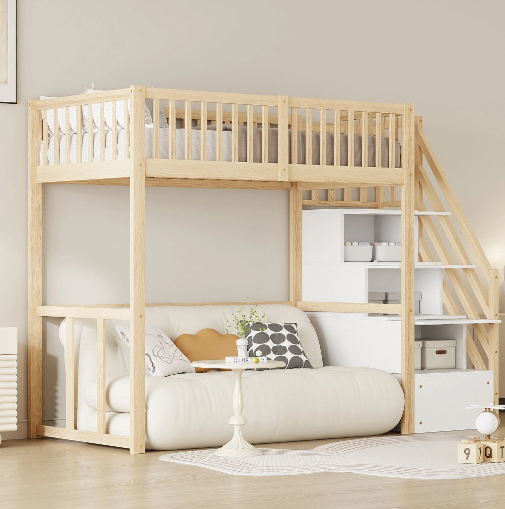 Letto alto 90x200 cm con scala contenitore; legno; colore naturale (Senza materasso)