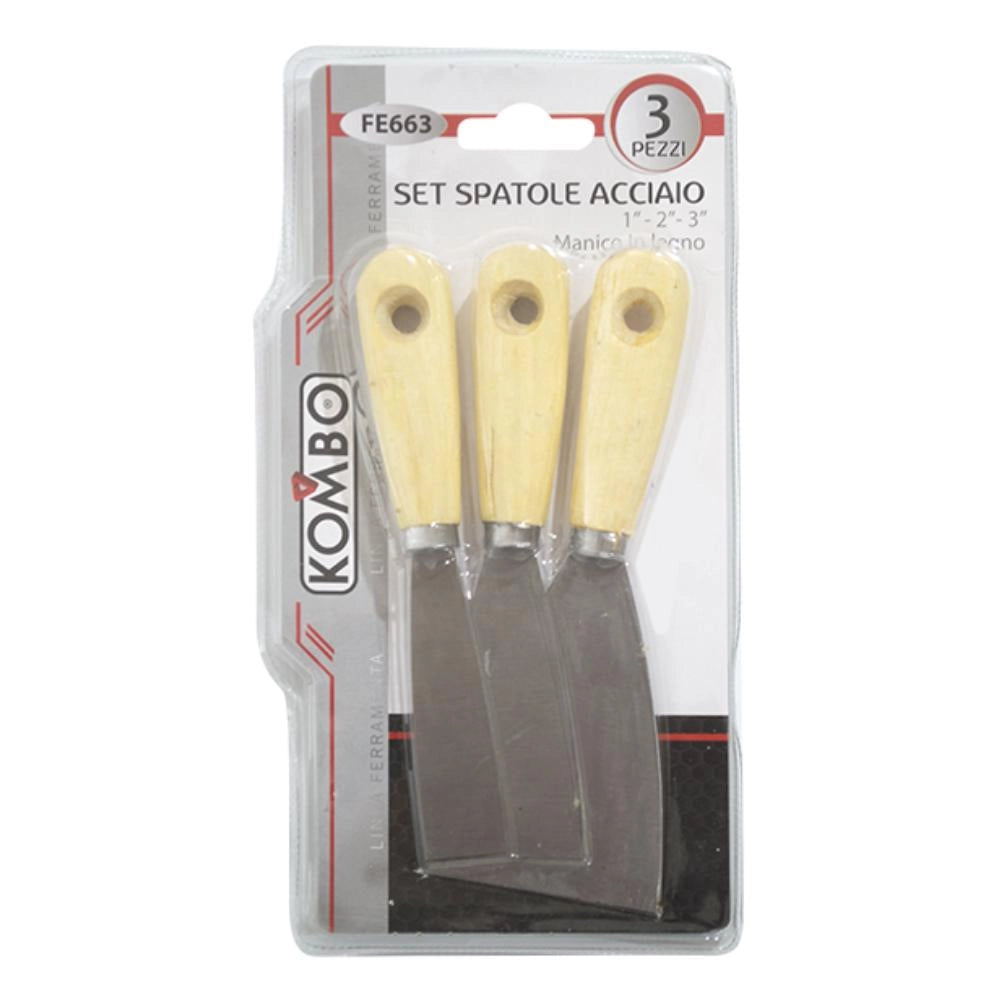 Set 3 Spatole in Acciaio Manico in Legno Misure: 25- 50-75 mm