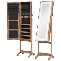Specchio portagioie con LED, inclinabile, con serratura e 2 chiavi, Marrone rustico