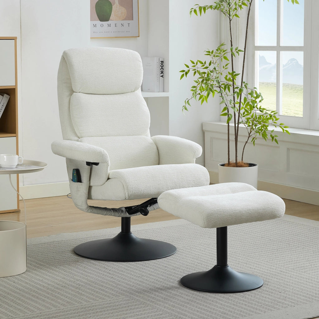 Poltrona relax - con massaggio 5 punti; riscaldamento e pouf - in chenille - bianco