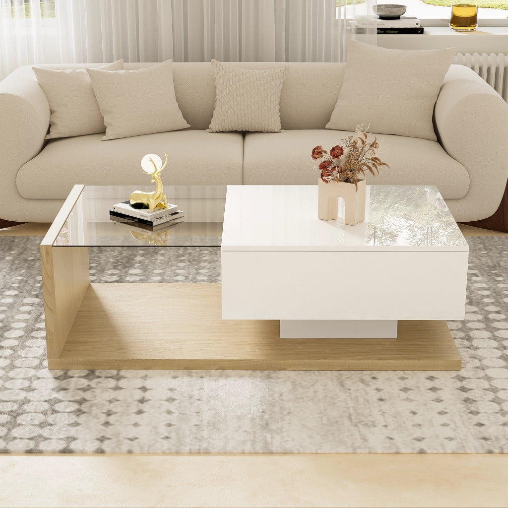 Tavolino da caffè 105x55x32.5 cm; con vano e LED 16 colori; truciolare; bianco lucido e colore naturale