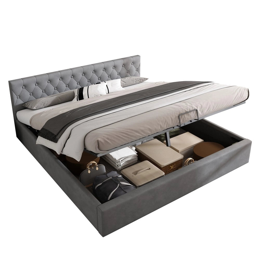 Letto Imbottito Contenitore Matrimoniale ¨C Xylo ¨C Grigio, Testiera con Bottoni, Idraulico, Rete a Doghe, 180x200