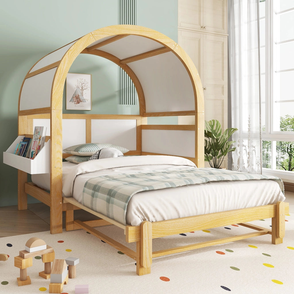 Letto a casetta 140 × 200 cm con letto estraibile e ripiano laterale in legno e MDF bianco naturale