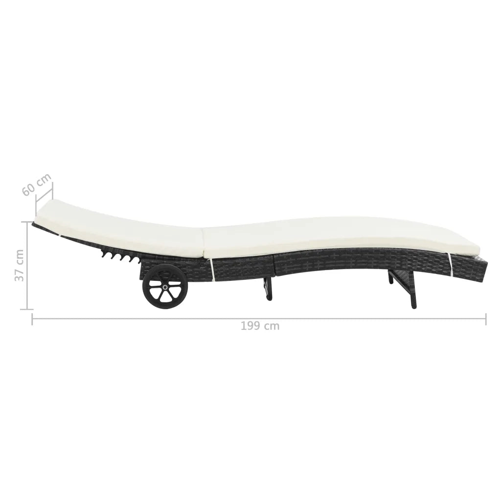Lettino Prendisole con Ruote e Cuscino in Polyrattan Nero 44454