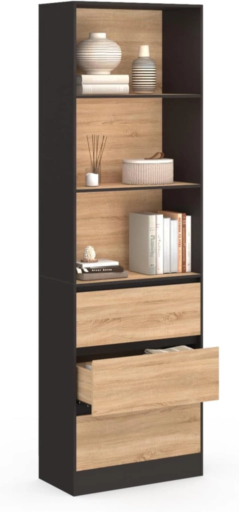 CARLA Libreria a 3 livelli con 3 cassetti neri ed effetto legno H.190 cm