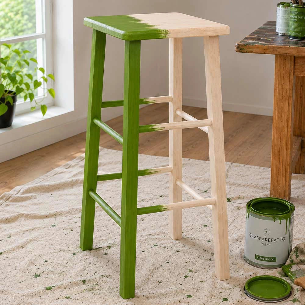 Sgabello alto 73 cm in legno grezzo con seduta quadrata in legno massello