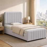 Letto imbottito singolo 90x200 cm con rete a doghe, contenitore idraulico, testiera e struttura in lino grigio