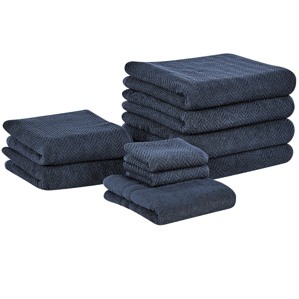Set di 9 asciugamani in morbido cotone blu scuro con motivo a spina di pesce stile varie dimensioni classico ospiti bagno