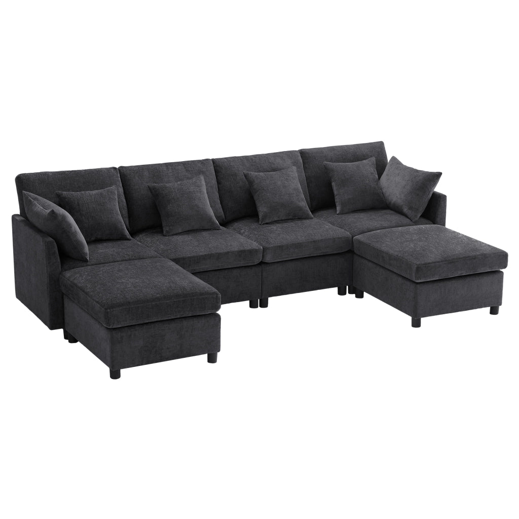Divano modulare convertibile in configurazione U e L con 2 pouf e 6 cuscini in chenille grigio