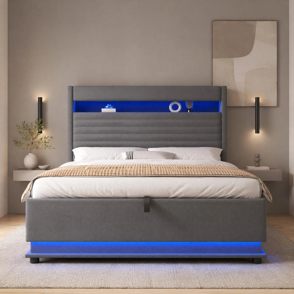 Letto imbottito 140x200 cm con LED, USB-C e vano contenitore