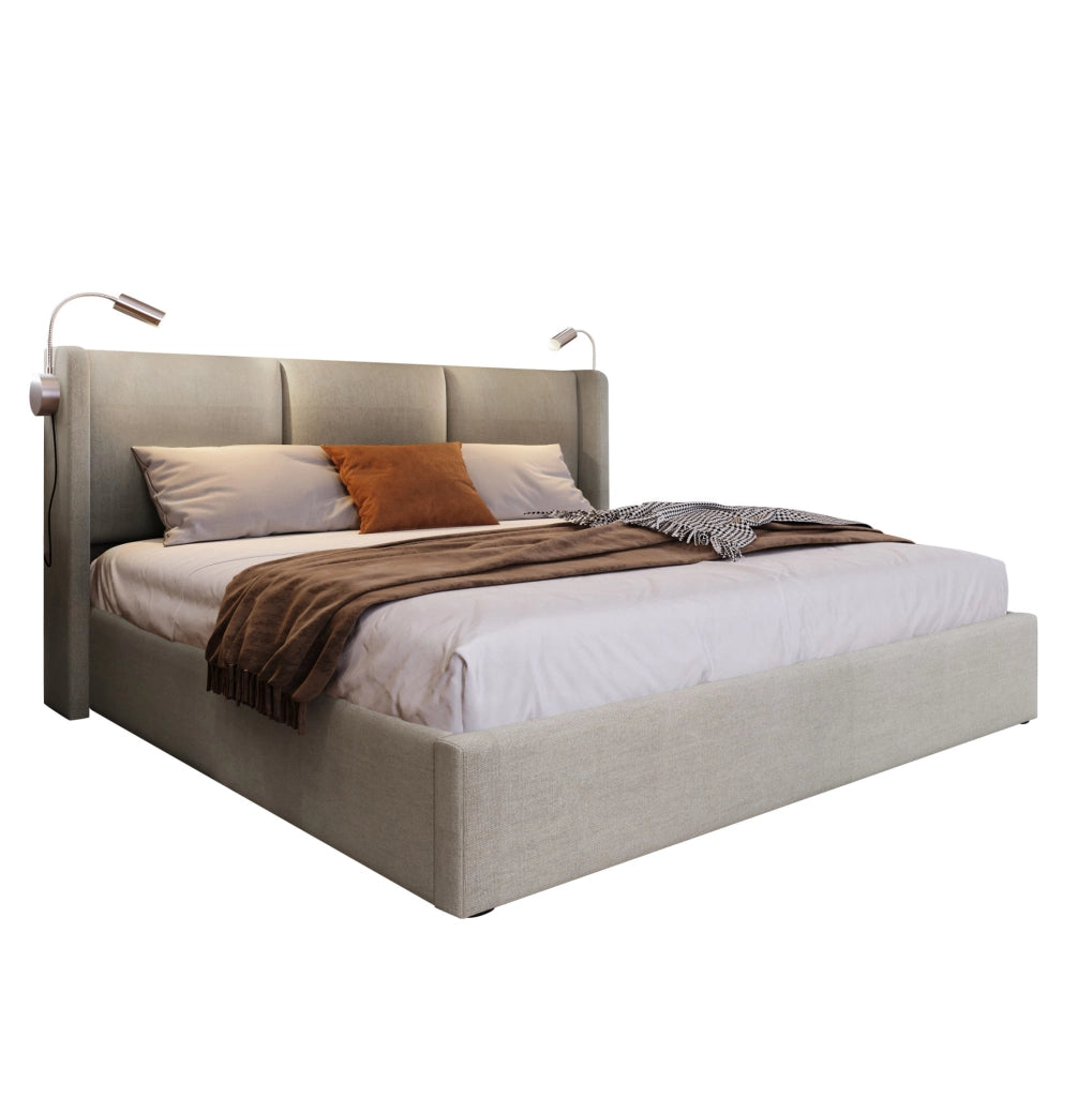 Letto matrimoniale 180x200 cm con contenitore; luce da lettura LED e USB; in lino beige