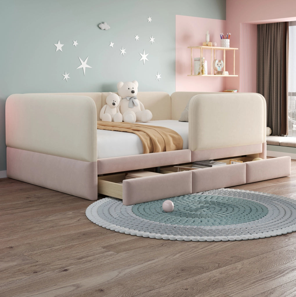 Letto imbottito per bambini 208x147x67 cm con protezione perimetrale in velluto beige e rosa