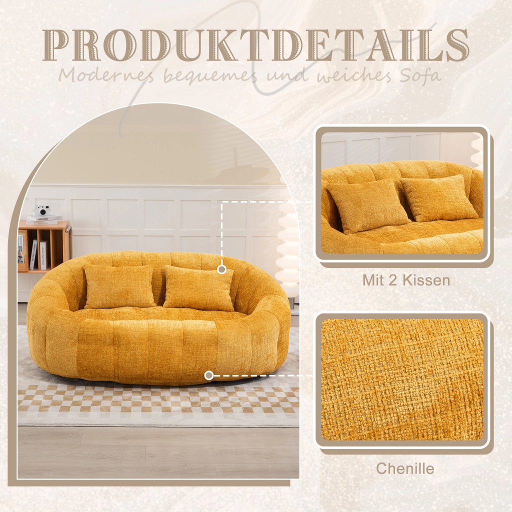OKWISH Poltrona Pouf Singola con Schienale Alto e Braccioli, Schiuma ad Alta Densità, Ciniglia Gialla 150 x 95 x 63 cm