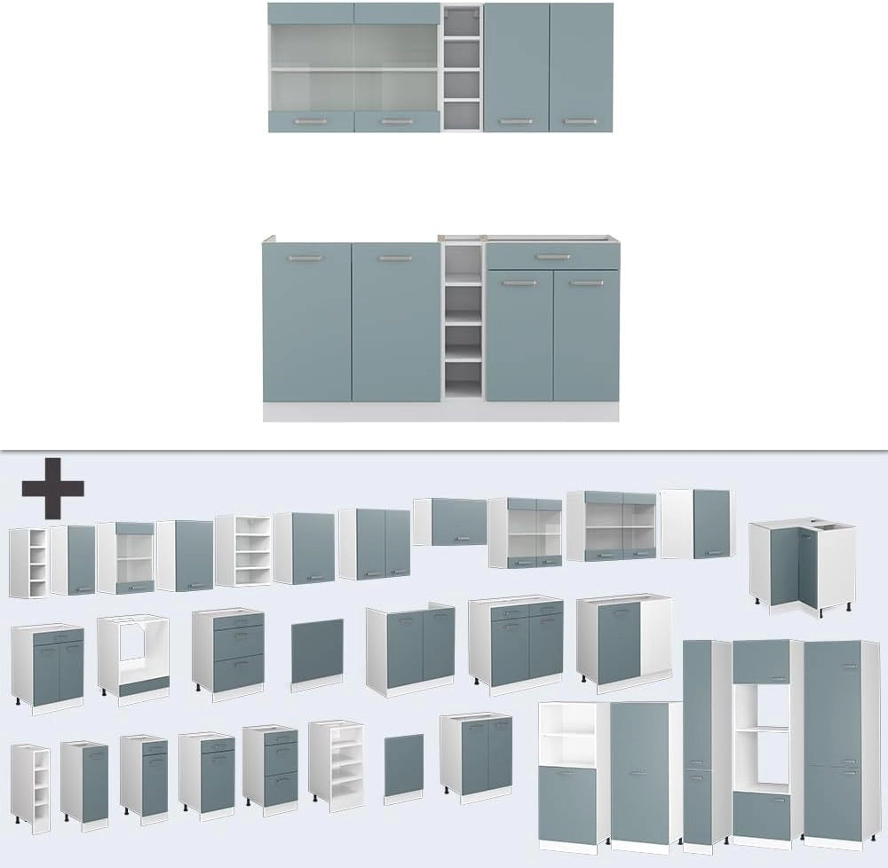 Cucina completa R-Line, Blu-grigio/bianco, 160 cm, PL Antracite, con disposizione flessibile dei moduli ed espandibile